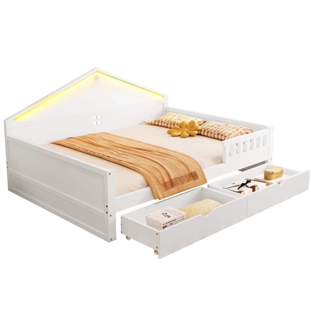 Letto multifunzione 140x200 cm con cassetti e LED; bianco