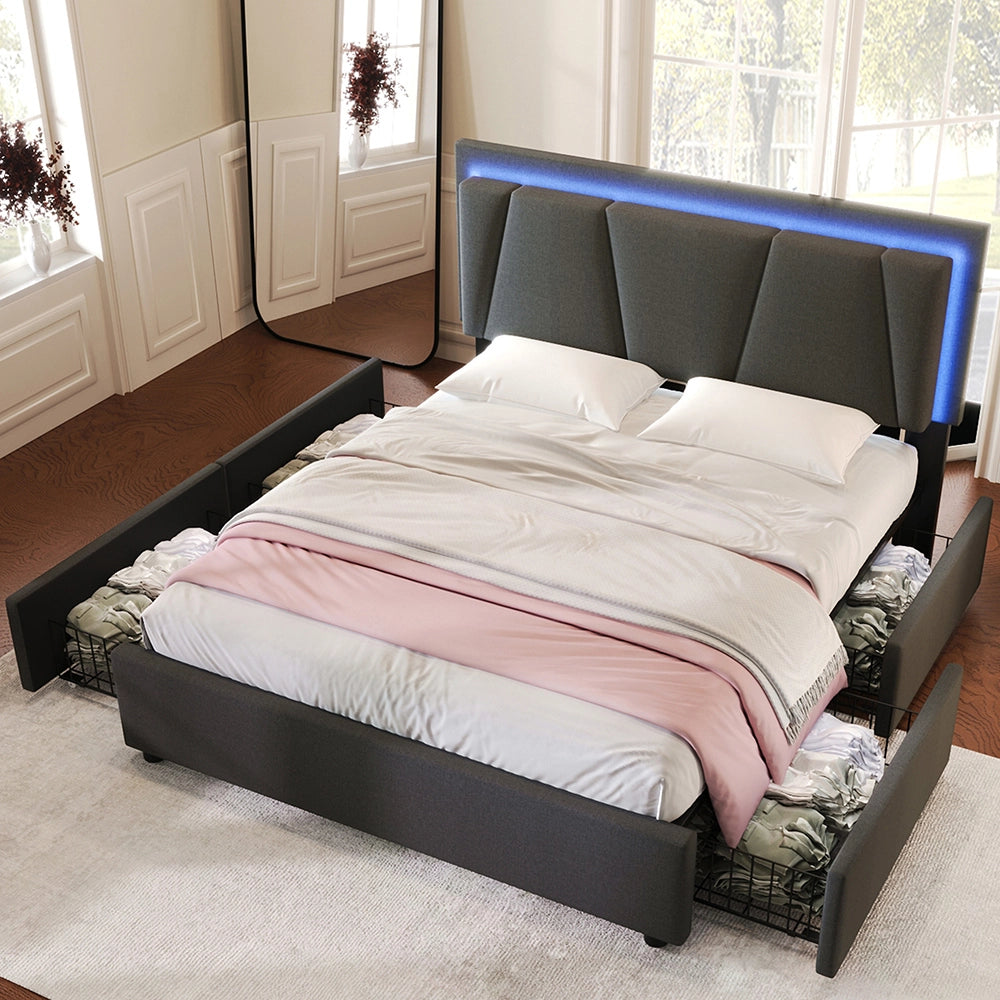 Letto matrimoniale imbottito con illuminazione LED e 2 cassetti - Xylo - 160x200 cm - Grigio