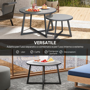 Set 2 Tavolini per Esterni Ø70x45 cm e Ø50x35 cm con Piano in Vetro Grigio
