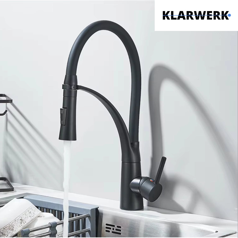 JANA | Rubinetto cucina girevole flessibile in acciaio inox nero opaco|Rubinetto miscelatore arco alto|Rubinetto alta pressione 360° 2 attacchi gastro