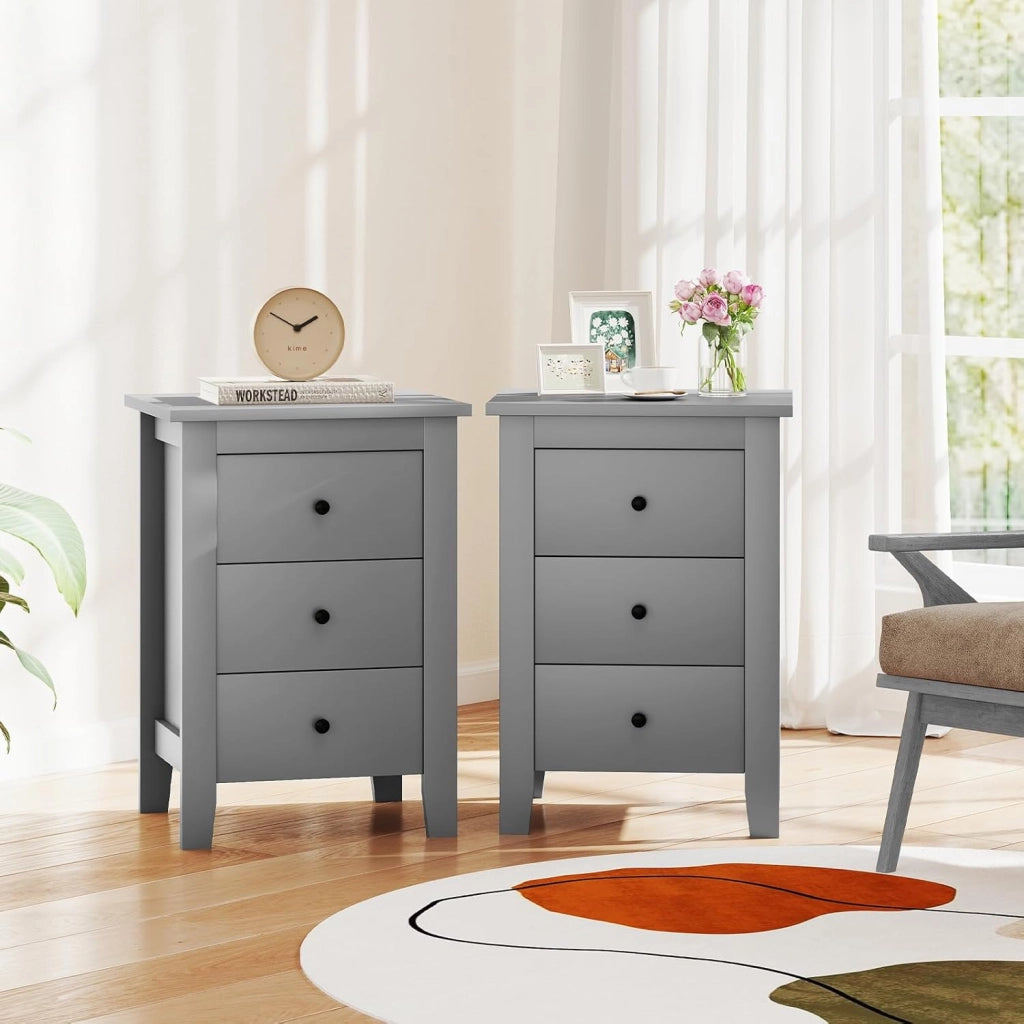 Set di 1/2 Comodino con 3 Cassetti, 46 x 37 x 65 cm, Comodino in Legno, Cassettiera di Stoccaggio con Gambe, Tavolo Ausiliare per Soggiorno, Camera da Letto (1, Grigio)