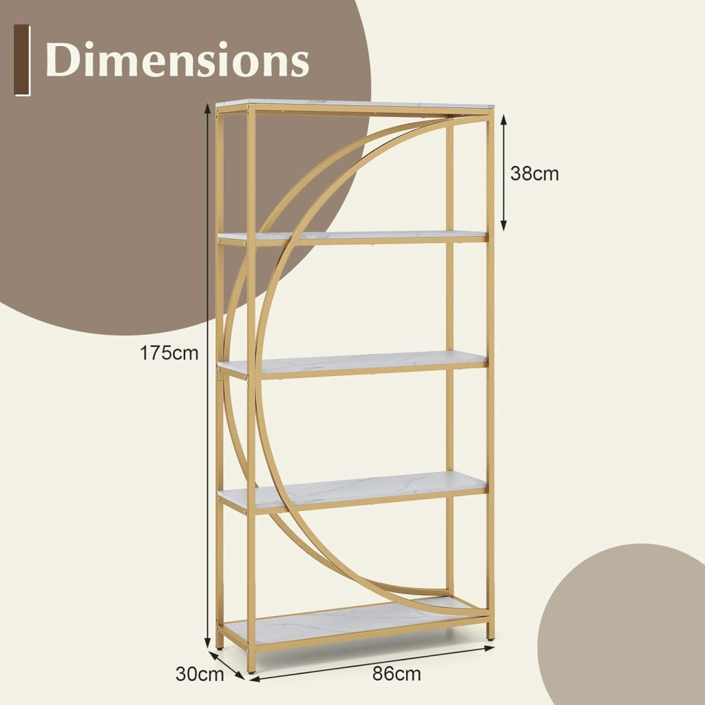 Libreria a 5 piani autoportante con 5 ripiani aperti, scaffale da esposizione industriale con design a mezzaluna per casa e ufficio, 86 x 30 x 175 cm (bianco)