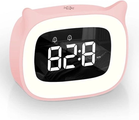 Alarme digitale per bambini - sveglia doppia con luce - sveglia gattina - lampada da notte con funzione snooze - 18 canzoni - 5 modalità di illuminazione - lampada da notte programmabile - rosso.