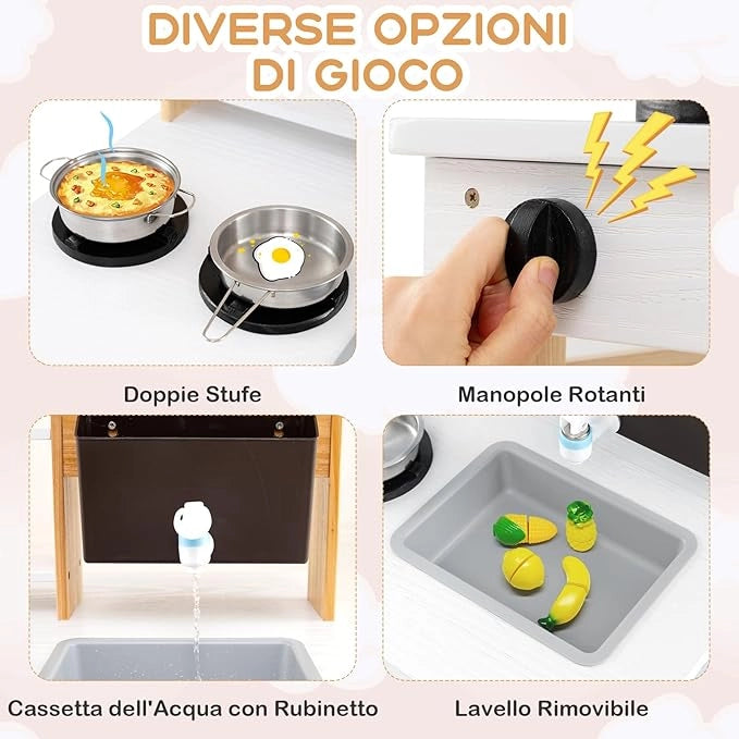 Cucina Giochi in Legno a Doppia Faccia, Cucina Giocattolo con Fornelli, Lavandino, Vaschetta per l'Acqua, Rubinetto, Set di Cucina per Esterni con Tetto, per Bambini dai 3+ Anni, 58 x 56 x 87