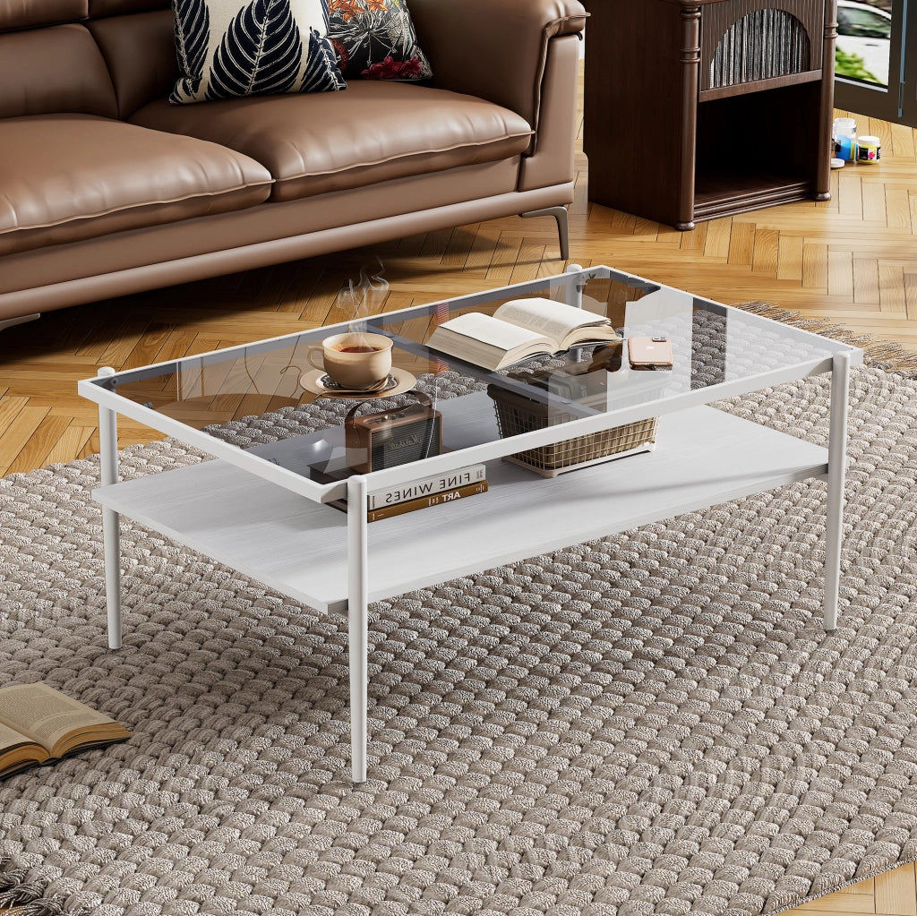 Tavolino da salotto con piano in vetro temperato e vano portaoggetti in MDF grigio e bianco