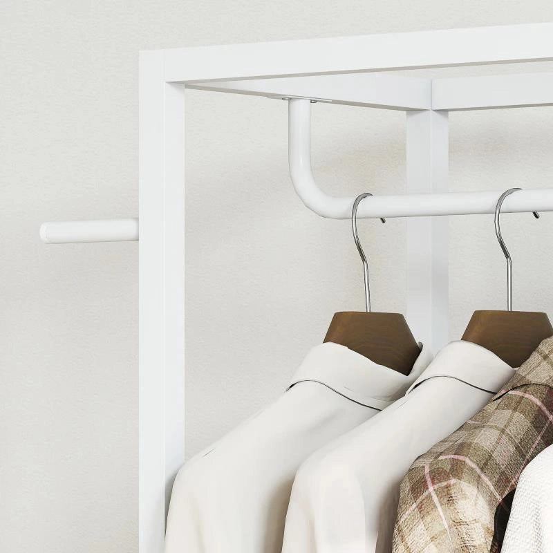 APPENDIABITI CON SCARPIERA A 2 LIVELLI, BARRA APPENDI ABITI, 4 GANCI, MENSOLA SUPERIORE, 52X30X180 CM, BIANCO