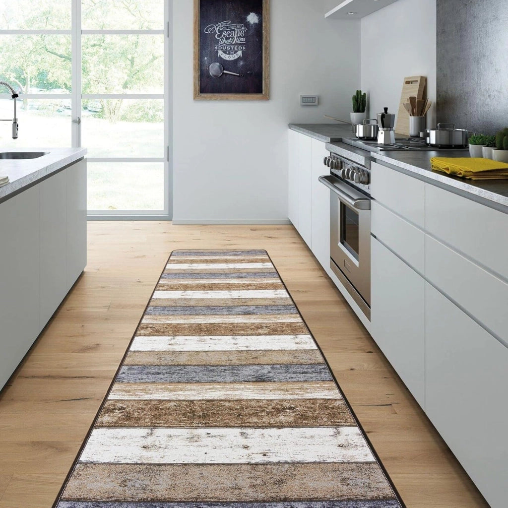 Tappeto Cucina 52x190 cm Bordato Tessitura Piatta Bagno Camera Corridoio Stile Legno Parquet Tortora