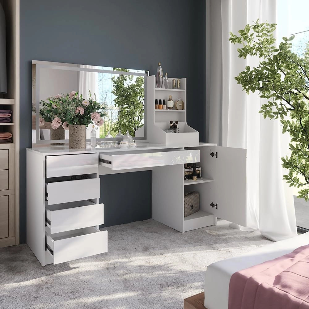 Tavolo da toeletta Sherry, Bianco/bianco lucido, 158.2 cm 3 parti