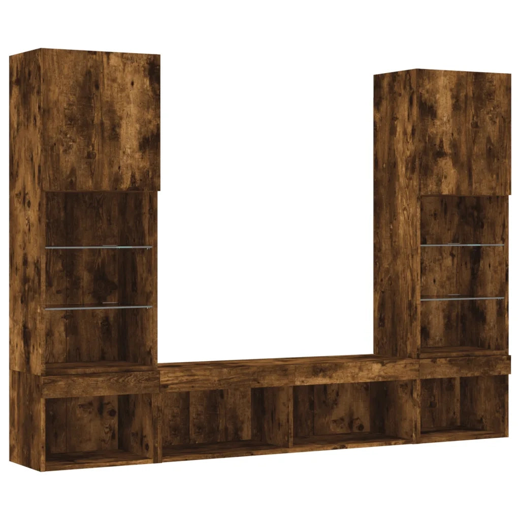 Mobili TV a Muro con LED 5 pz-Credenza per TV sospesa Rovere Fumo in Legno Multistrato 478458