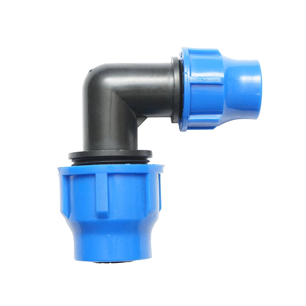 Gomito di raccordo a compressione ridotto D32x25mm per sistemi di irrigazione