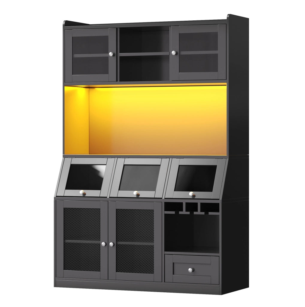 Credenza cucina 120x40x181.7 cm con luci LED multicolore; anta in vetro; MDF nero