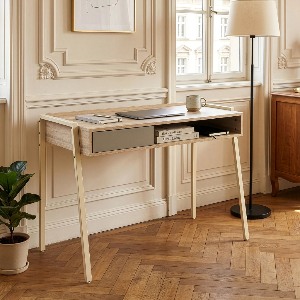 Scrivania Boderas con Vano Aperto e Cassetto 107 x 55 x 78 cm Beige / Travertino [en.casa]