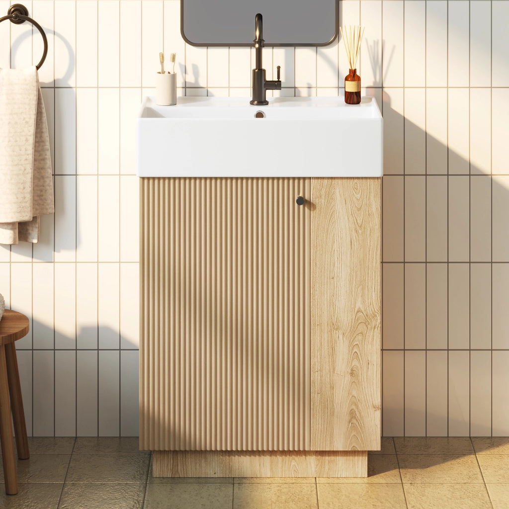 Mobile sottolavabo con lavabo in ceramica, 1 anta, ripiani aperti e porta carta igienica, per bagno, 55 × 32 × 87 cm