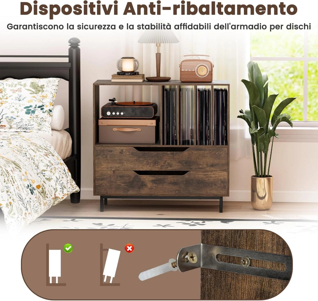 Supporto per Giradischi, Porta Dischi Vinile con 4 Ripiani per Vinili e 2 Cassetti, Armadio per Dischi Fino a 250 Album, per Soggiorno, Studio e Camera da Letto, 91 x 35 x 87 cm (Marrone)