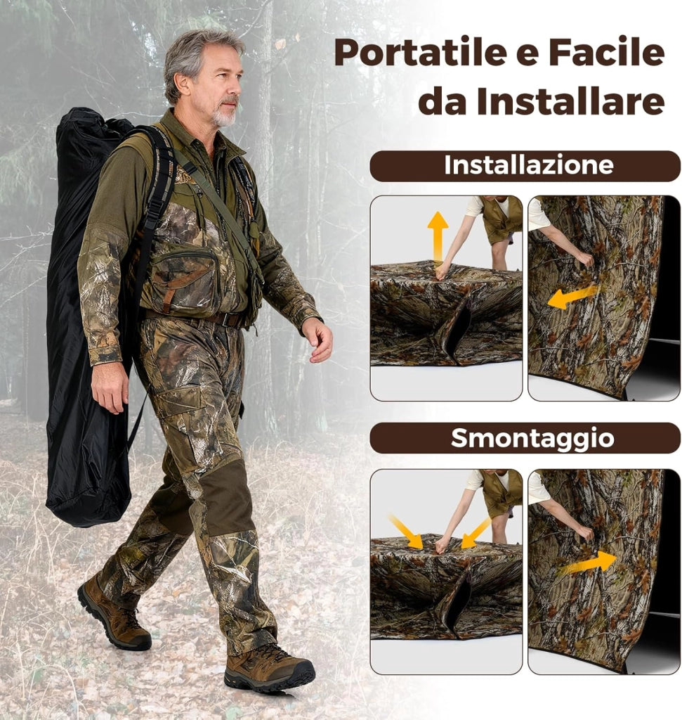 Tenda da Caccia per 2 Persone, Tenda Pop-Up Camouflage con Finestre Scorrevoli Silenziose, Pannelli di Sicurezza e Borsa per Il Trasporto, 140 x 140 x 170 cm