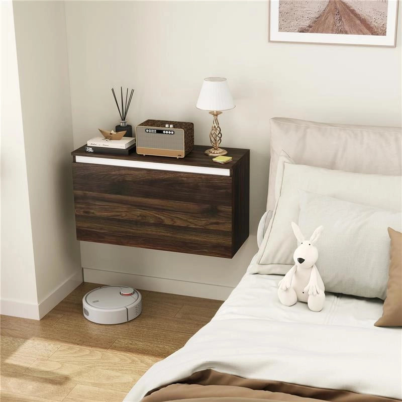 COMODINO SOSPESO CON CASSETTO SENZA MANIGLIE E CON FISSAGGIO A PARETE 80X30X45 CM NOCE