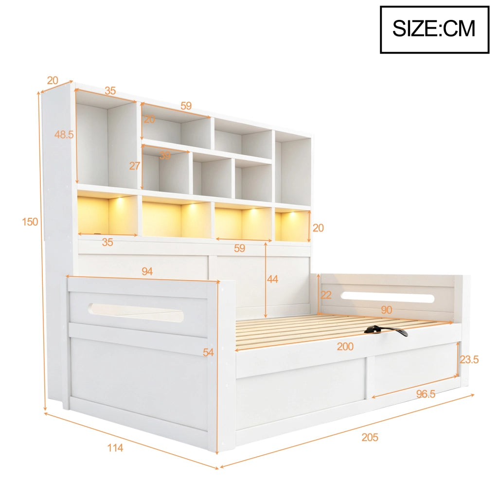 Letto contenitore 90x200 cm con sollevamento idraulico; LED; USB e ripiani portaoggetti; MDF bianco