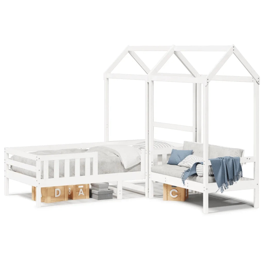 Letto singolo | Letto per adulti | Giroletto con Panca e Tetto Bianco 80x200cm Legno Massello Pino