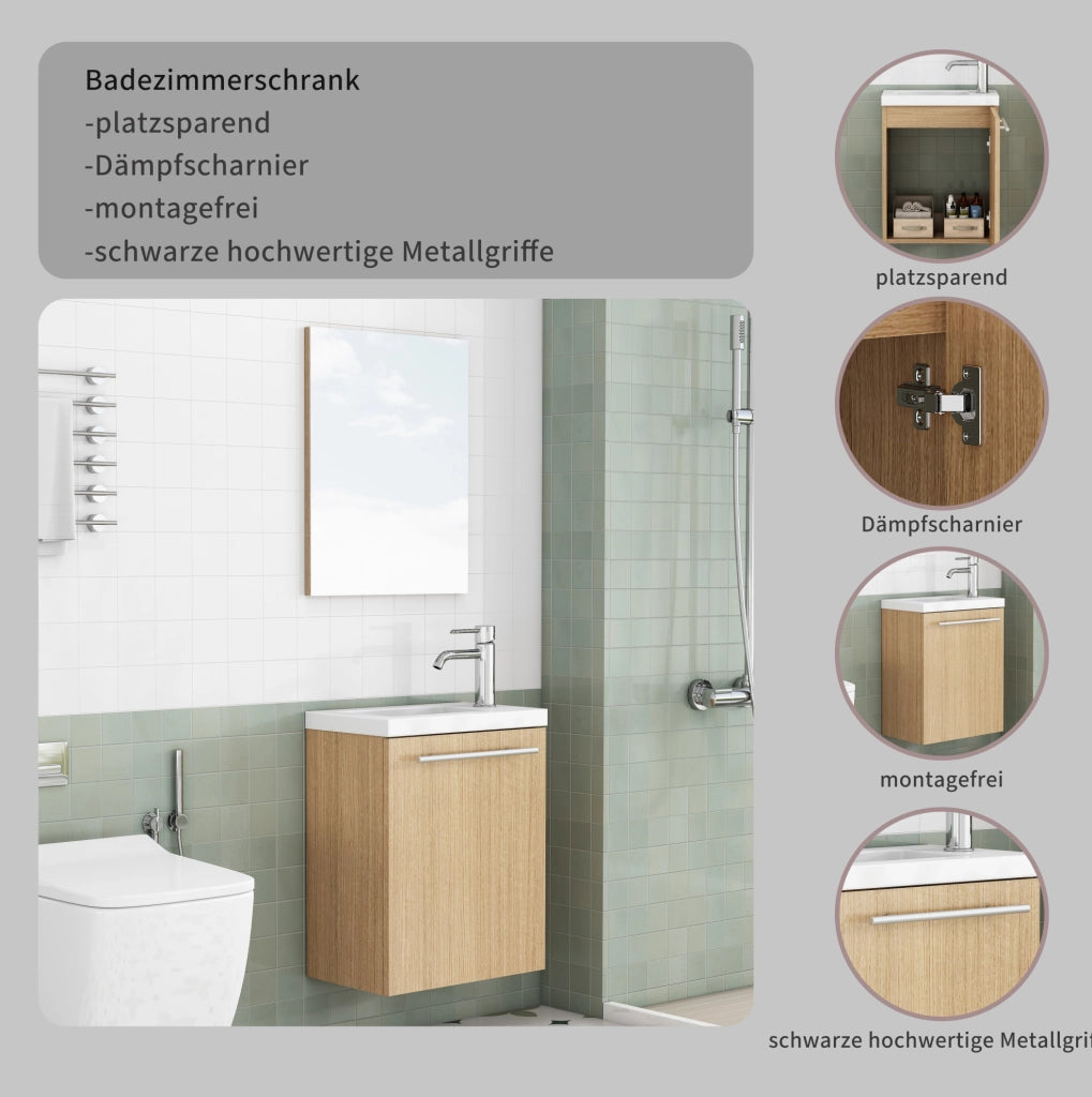 MOBILE BAGNO Sospeso Set con Lavabo in Ceramica e Specchio MDF Rovere
