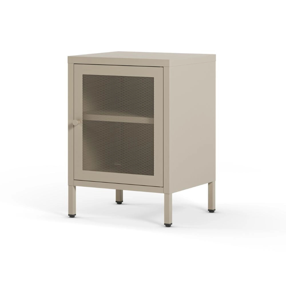 Comodino Fayna in metallo sabbia con anta reticolata 40x35x60H – Design industriale