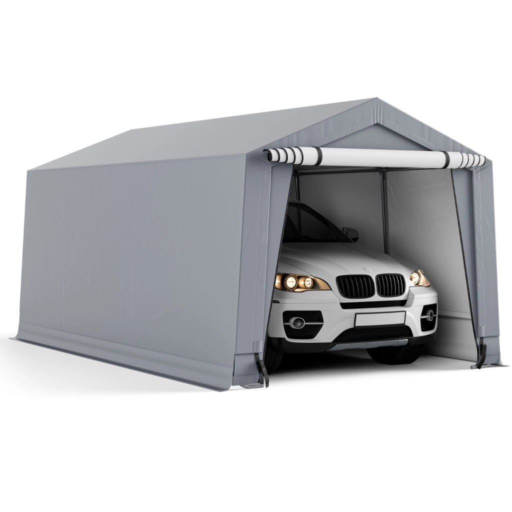 Tettoia per auto con telaio in acciaio zincato travi triangolari rinforzate, Garage portatile con porta Grigio-Accessori per veicoli