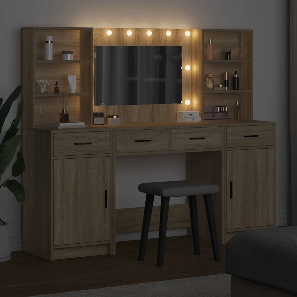 Set da Toeletta | Tavolo da Trucco con LED con porta 3 pz Rovere Sonoma