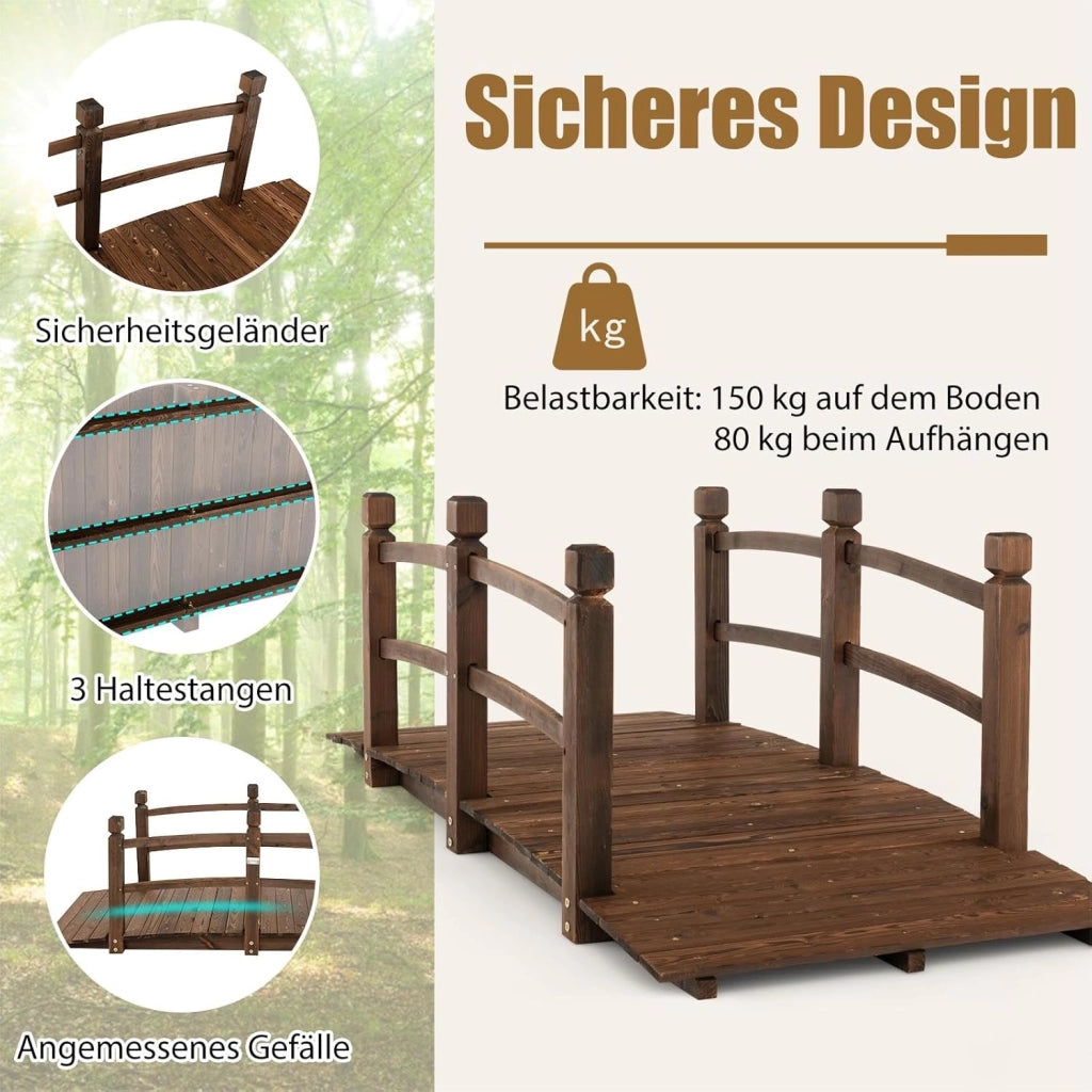 Ponte da Giardino in Legno di Abete Carbonizzato con Ringhiere, Ponticello Grande Calpestabile per Giardino e Stagno Portata 150 kg, 172 × 76 × 58 cm, Marrone