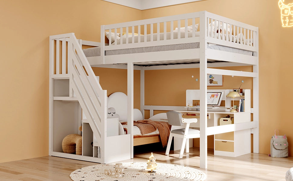 DESMIU Letto a soppalco 2 posti con scala contenitore e sponde alte 140 × 200 cm, senza materasso, bianco