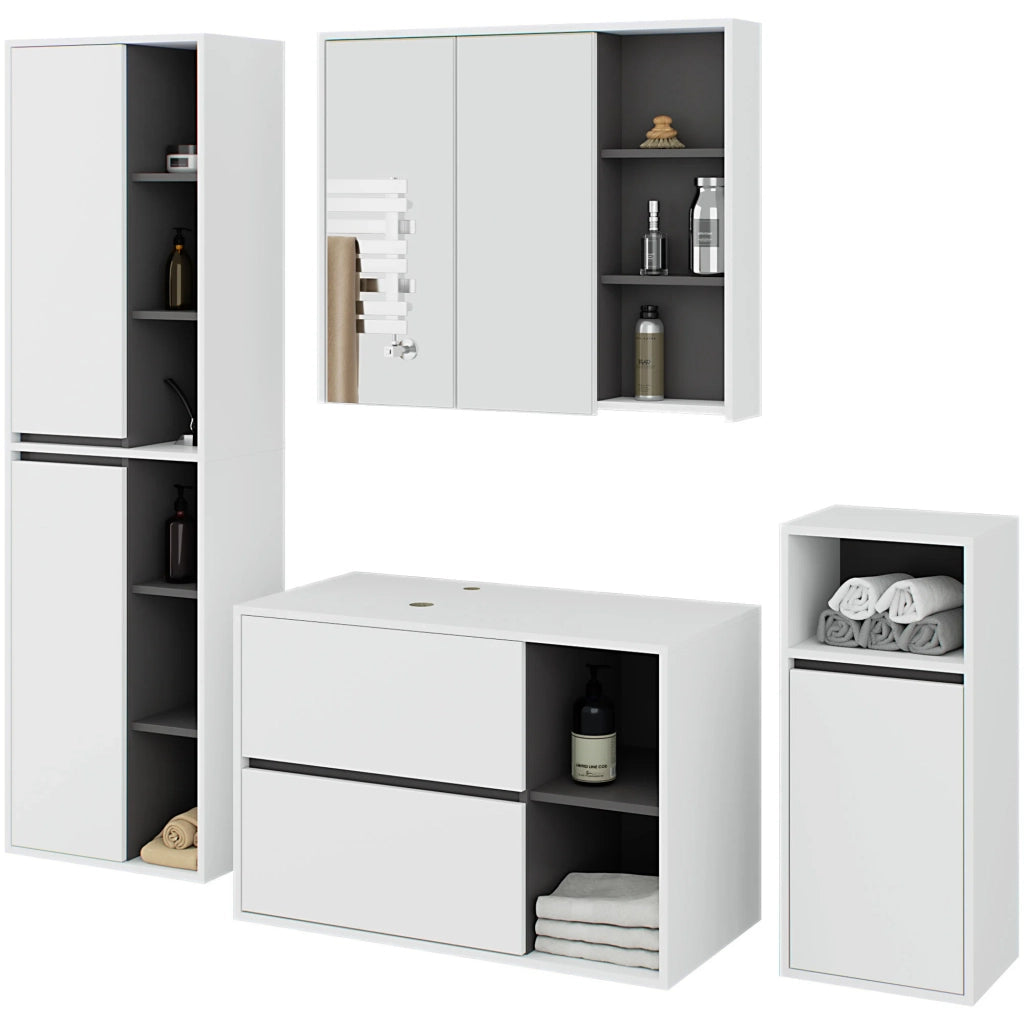 Set di mobili da bagno sospesi VAMI in Bianco con interno Grigio Grafite con fori per lavabo da appoggio