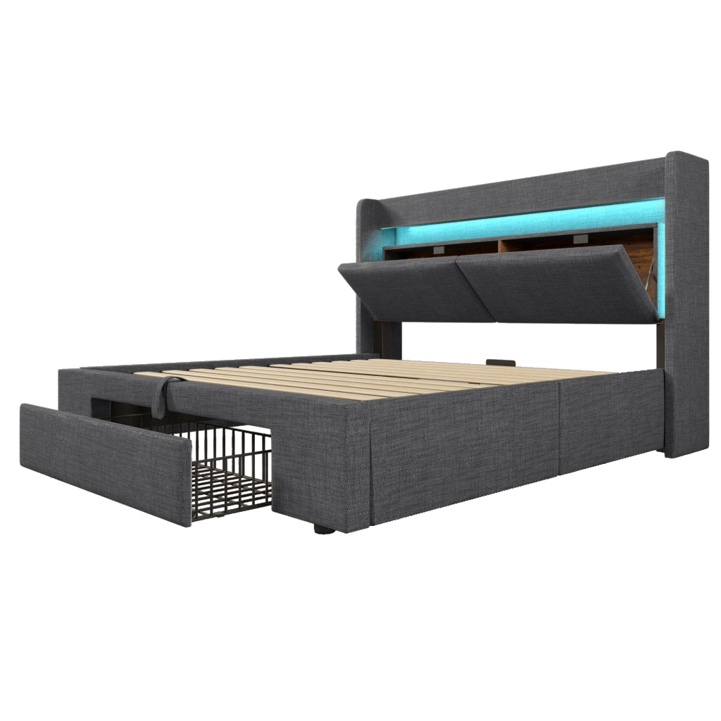 Letto matrimoniale imbottito 160x200 cm con contenitore idraulico, LED, USB e USB-C, grigio