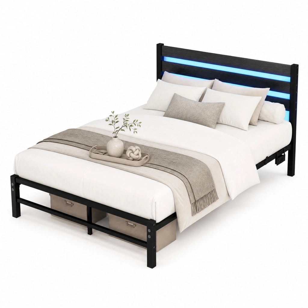 Letto matrimoniale 140x200 cm con struttura in metallo, testiera in MDF, LED RGB e vano sottoletto