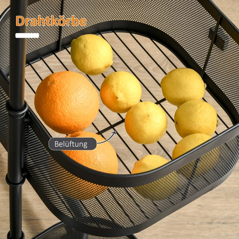Carrello da cucina con 4 cestelli e ripiano superiore, ruote girevoli, per cucina e camera da letto, nero, 33 × 33 × 77 cm