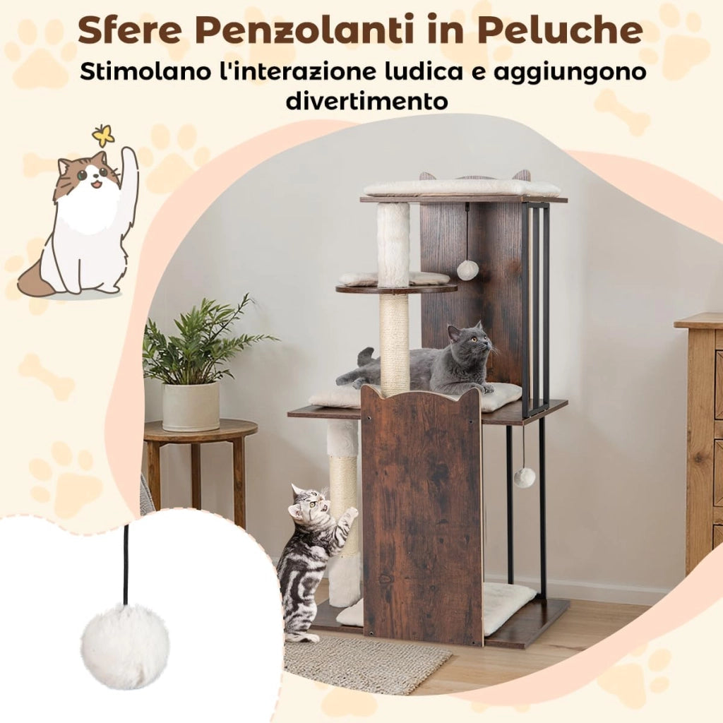 Albero per Gatti Alto 112 cm, Tiragraffi per Gatti in Legno con Posti a Grattare in Sisal, Palline Appese, Cuscini Morbidi Rimovibili e Lavabili, Tiragraffi Gatto per Arrampicata