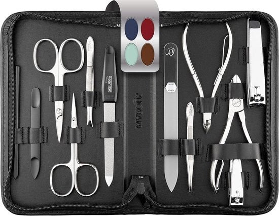 Set di manicure e pedicure 12 pezzi in contenitore in pelle vera - pratico e morbido - completo set per cura delle mani e dei piedi