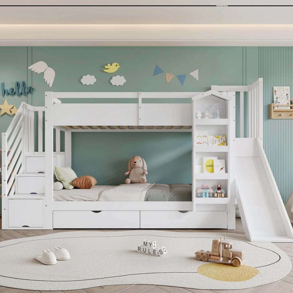 Letto a castello 90x200 cm con scivolo; scala contenitore e libreria; bianco