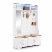 Mobile da ingresso portascarpe 120x40x187 cm MDF bianco con LED， specchio e vani