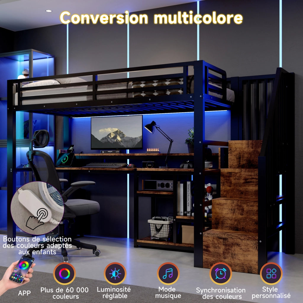 Letto a soppalco 140x200 cm per 2 persone con scala contenitore, prese USB/Type-C, ripiano e illuminazione LED, metallo nero