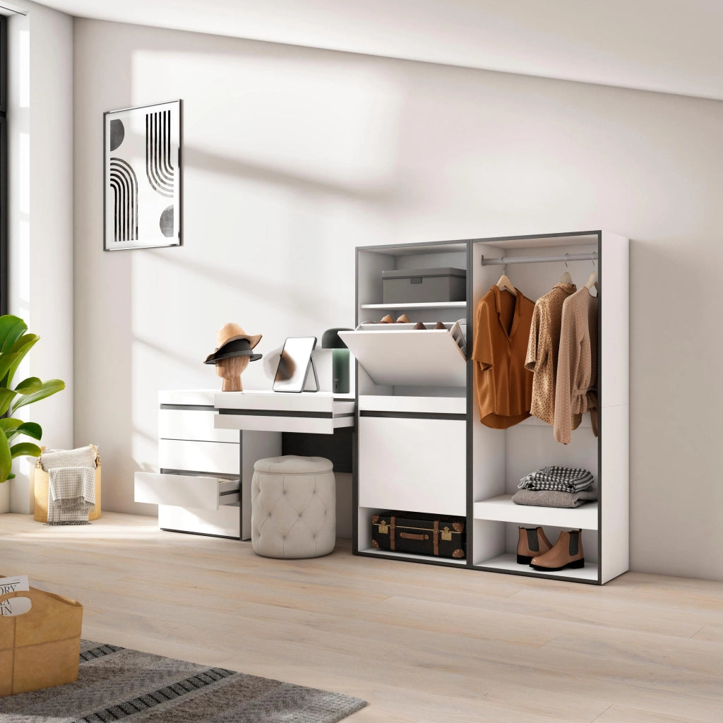 Scarpiera, 247x35x145cm, Camera da letto, Armadio Aperto, Cassettiera, Tavolo da toeletta, Bianco RF3500