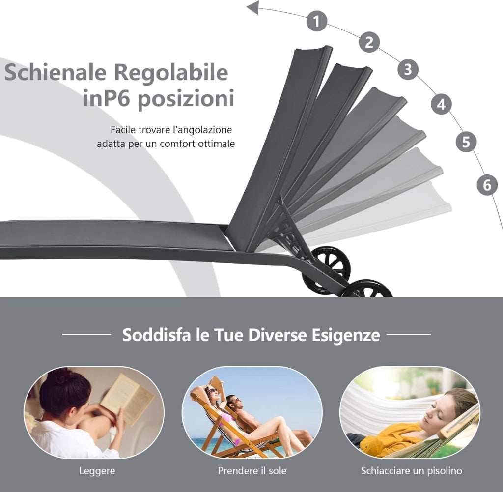Lettino Prendisole con Ruote, Sdraio da Giardino Regolabile in 6 Posizioni, Struttura Metallica e Tessuto Traspirante, per Giardino, Piscina e Spiaggia, Portata 150 kg (1, Grigio)