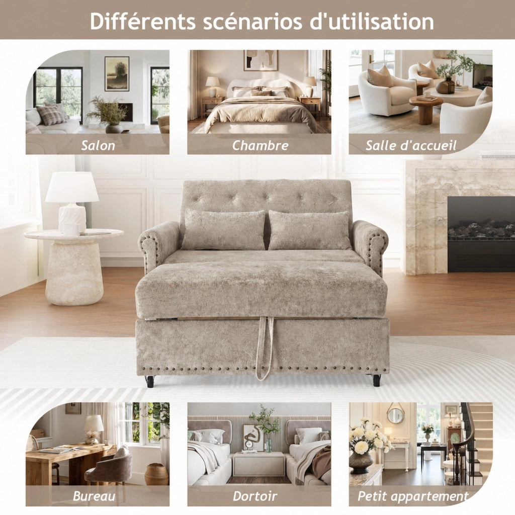 Divano letto 3 in 1 con schienale reclinabile a 3 posizioni e letto estraibile in tessuto chenille marrone grigio