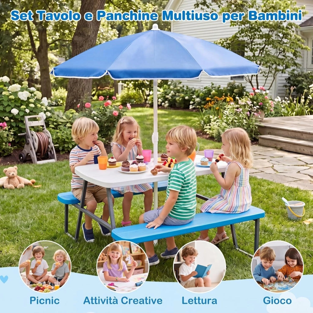 Tavolo da Picnic per Bambini, Set Tavolo e Panche da Giardino con Ombrellone Regolabile in Altezza, Struttura in Metallo e Borsa per Campeggio e Picnic per Bambini 3-8 Anni