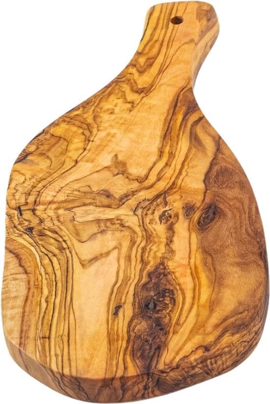 Piatto di Taglio in Legno di Olivo Naturale - Set da 4 - Fatto a Mano - Ideale per Servire Cibi, Tagliare, Barbecue - 28x13 cm con Maniglione
