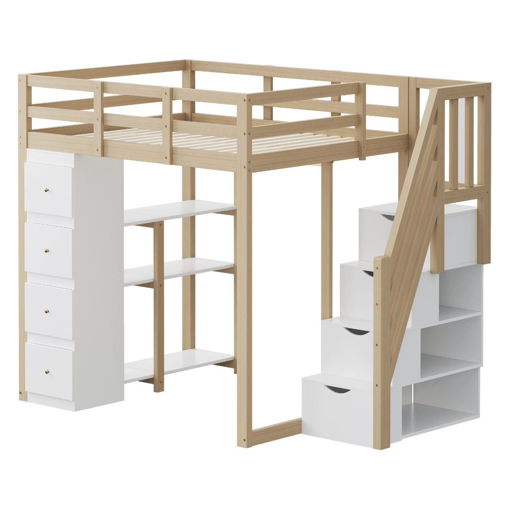 OKWISH Letto a Soppalco 140×200 cm, Letto Matrimoniale con 4 Cassetti, Scala con Cassetti e Mensole, senza Materasso, Naturale e Bianco