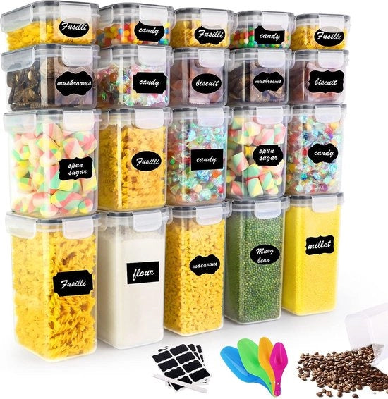 Set di contenitori a chiusura ermetica in plastica da 20 pezzi, contenitore di archiviazione per deperibilità con coperchio in plastica, contenitori di conservazione per spaghetti, farina, muesli, cornflakes (2L, 1,4L, 0,8L, 0,52L)