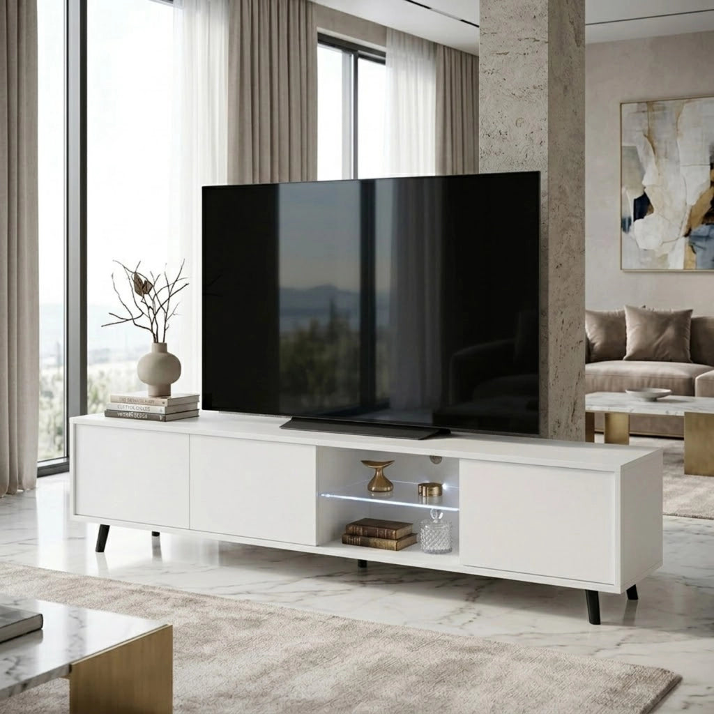 Mobile TV L Con Vano Centrale Ripiano In Vetro E LED 3 Ante Battenti In Melaminico Con Piedini In Metallo Per Soggiorno Salotto Zona Living 175 X 40 X 31.5 Cm Bianco