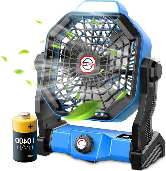 Ventilatore portatile 10400 mAh con illuminazione LED - 270 gradi di rotazione - ricaricabile via USB - attacco per yoga - blu