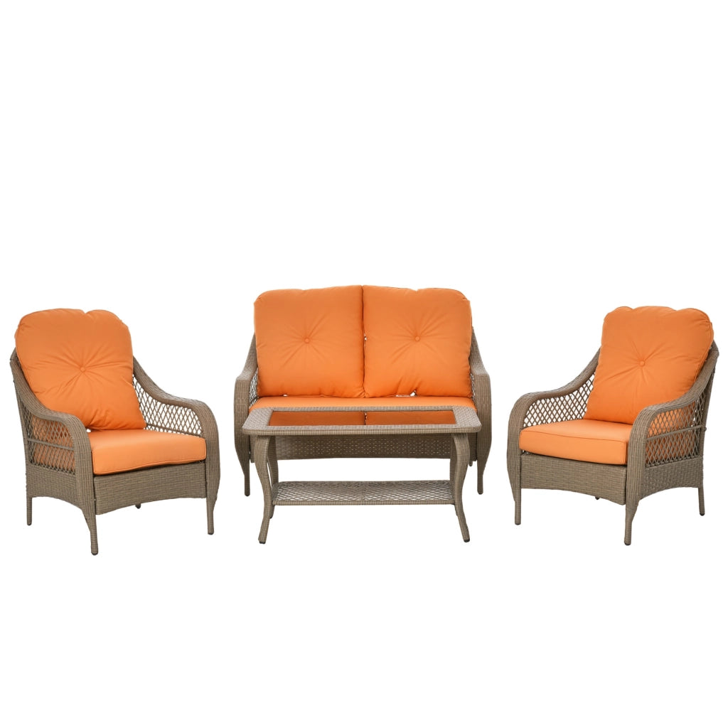 Set Mobili da Giardino in Rattan PE con 2 Poltrone Divano a 2 Posti e Tavolo e Cuscini, Colore Khaki e Arancione