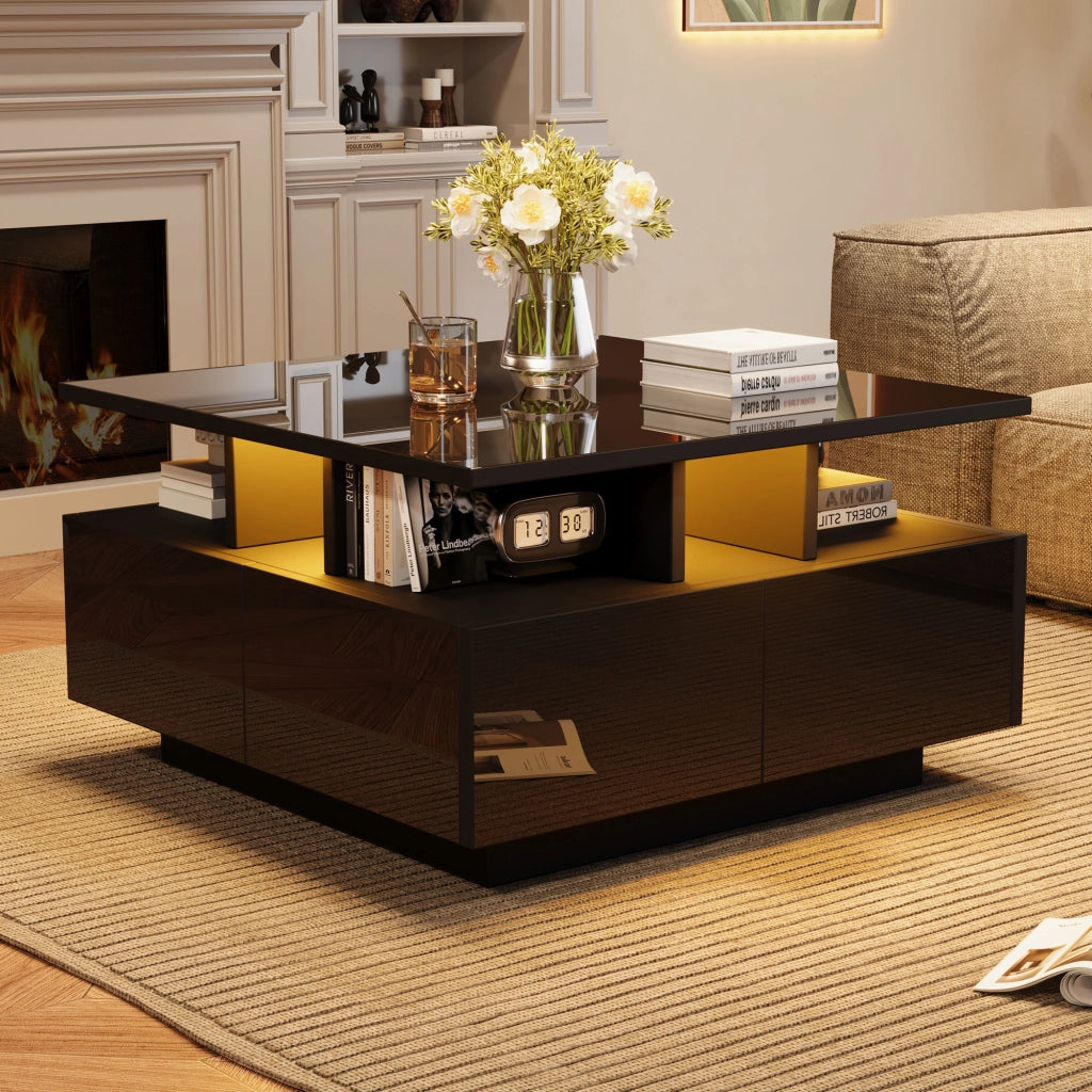 Tavolino da Caffè Quadrato con 4 Cassetti e LED; Nero Lucido; Design Geometrico; in Pannello Truciolare; 70×70×40 cm