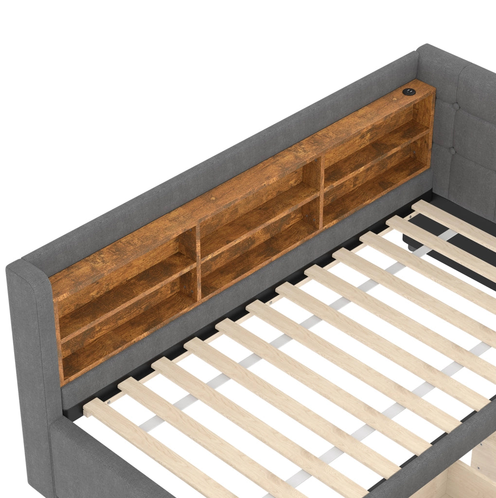Letto da giorno 90x200 cm in lino grigio con 2 cassetti; USB e Type-C