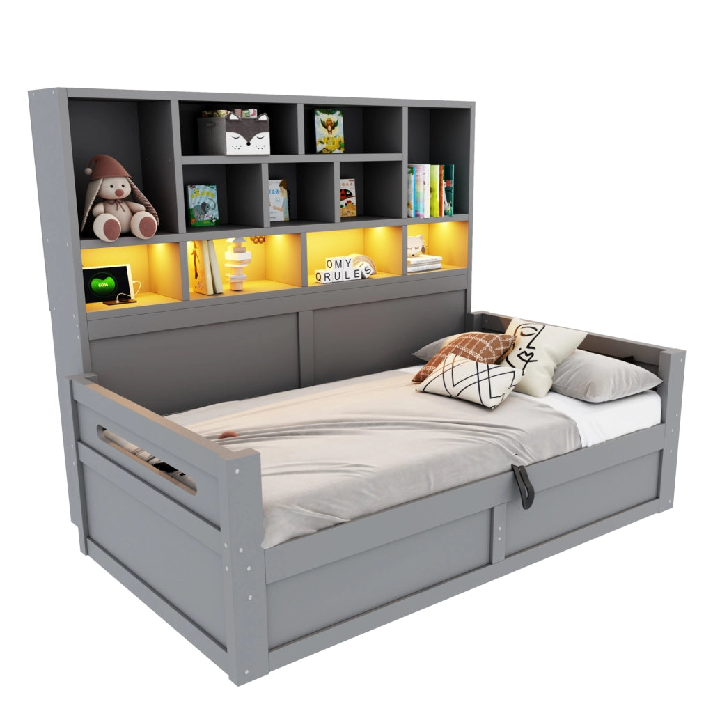 Multifunktionsbett 90x200 cm con contenitore idraulico; LED e prese; MDF; grigio